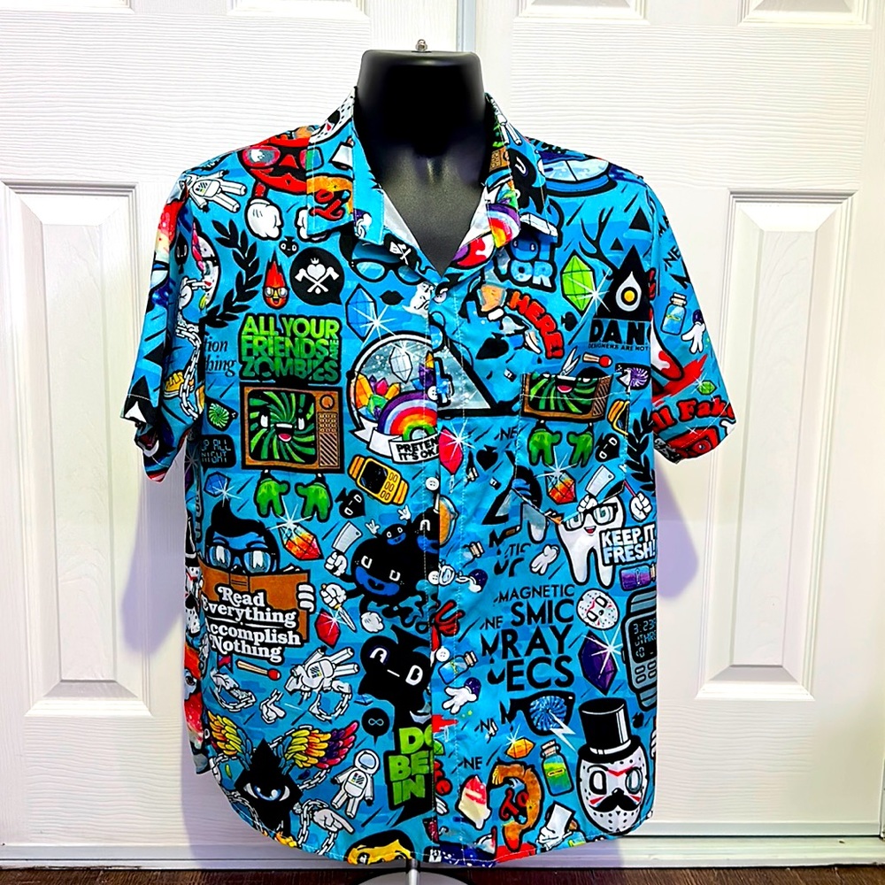 Funky Comic Graphic Button-up Shirt, Blue